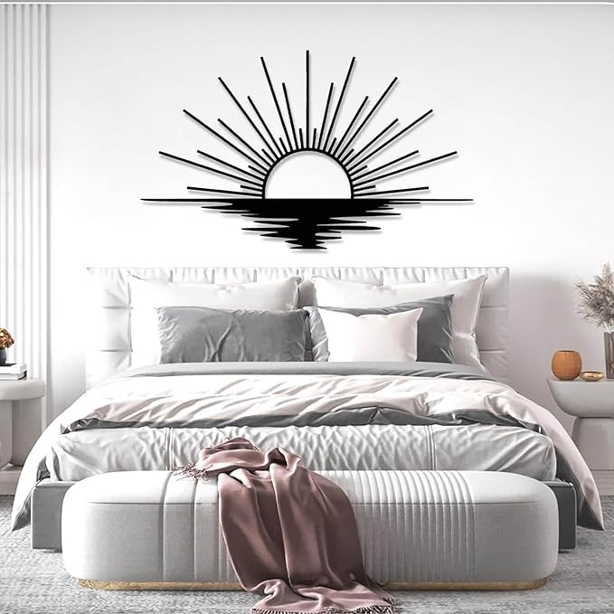 Sunrise Metal Wall Art, Metal Sun Wall Decor, Sun Outdoor Wall Art, Abstract Sunrise Wall Decor, Boho Home Hanging, Living Room Wall Hanging (White, 53"x32"/135x81cm)