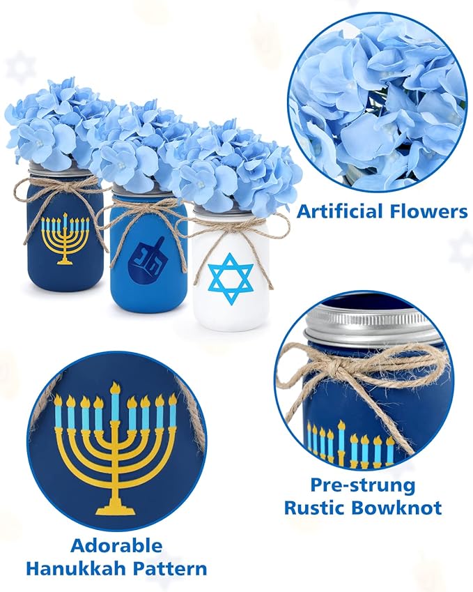 Nefelibata Hanukkah Mason Jar Floral Arrangement Table Centerpiece Hanukkah Home Decor Hanukkah Tiered Tray Decor with Faux Plants Artificial Blue Flowers Set of 3