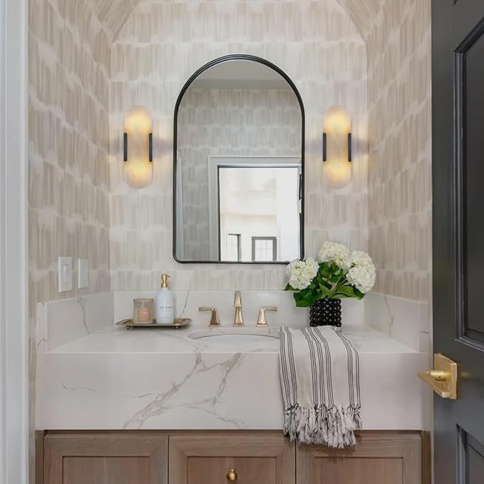 13.8 in Matte Black Alabaster Wall Sconces, Natural Marble Wall Sconces Indoor Alabaster Sconces for Living Room Modern Alabaster Sconces Wall Lighting for Dining Room Stairs Bedroom Bath