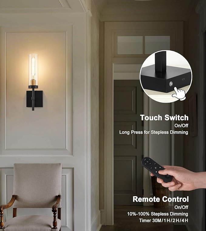 Wireless Wall Sconces with Remote Control, Battery Operated Wall Sconce Set of 2, Black & Gold Rechargeable Dimmable Wall Light for Bedroom Living Room Bathroom Hallway Entryway Stairwell, 3000K