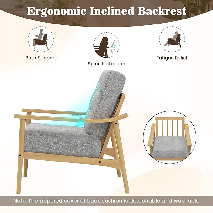 Giantex Mid Century Modern Accent Chair Set of 2, Max Load 440 LBS Upholstered Living Room Chair w/Rubber Wood Armrests & Legs, Removable Back Cushion, Comfy Reading Arm Chair for Bedroom