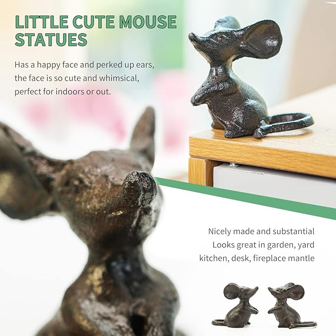 Sungmor Cast Iron Little Cute Mouse Ornament - Decorative & Lovely Figurine Indoor Outdoor Statues - Interesting Animal Sculpture Home Decoration - 2PC Pack & Brown Color
