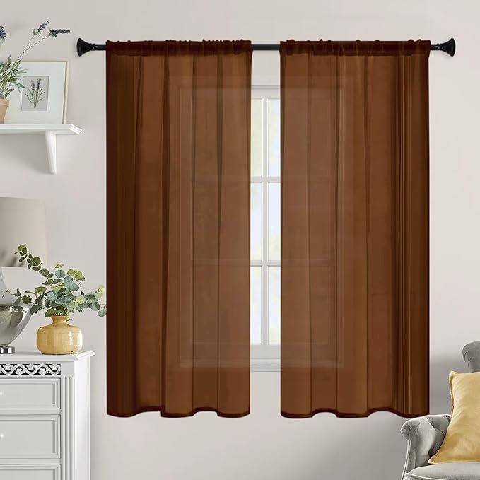 Sheer Curtains 72 Inches Long 2 Panels, Rod Pocket Short Curtain for Kitchen, Bedroom, Cafe Window(Brown 38" W x 72" L)