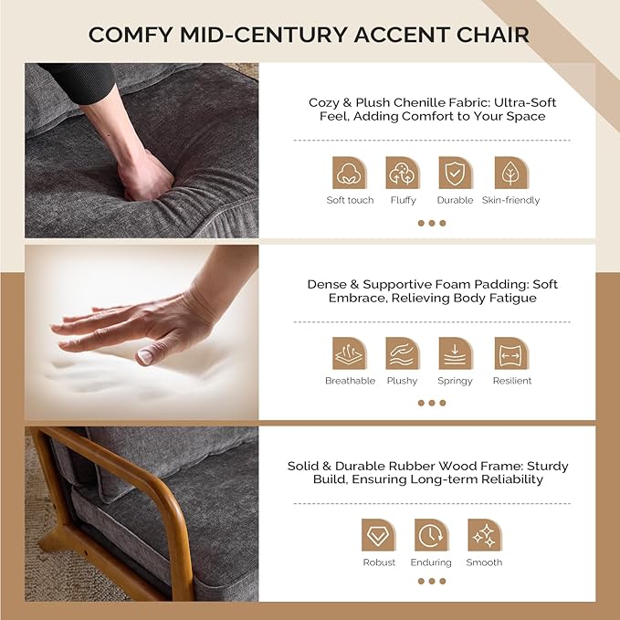 VINGLI Chenille Mid-Century Modern Accent Chair Set of 2, Cute Reading Arm Chair with Cushion & Lumbar Pillow & Solid Wood Frame for Lounge, Living Room, Reading Room, Bedroom, Dark-Gray