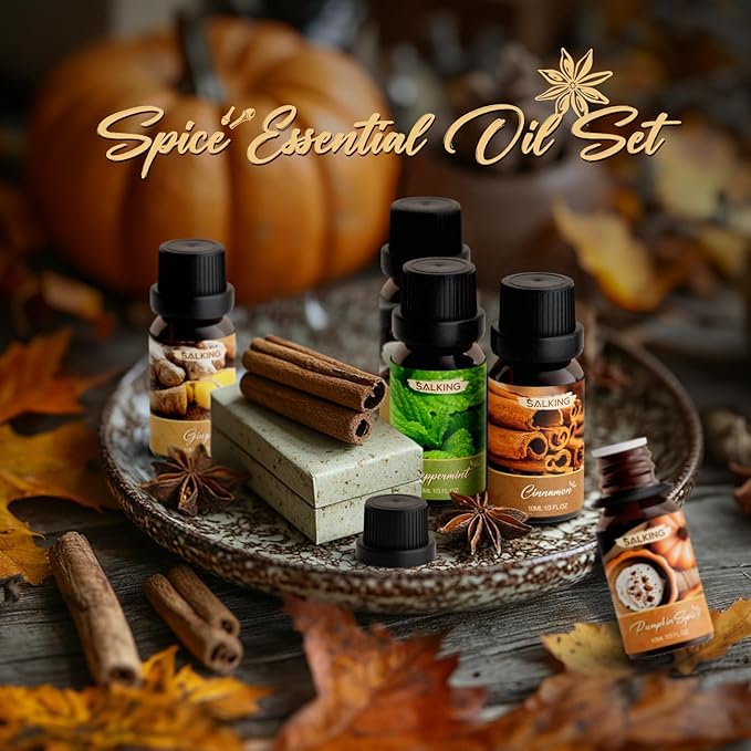 SALKING Spice Essential Oils, Premium Fragrance Oil for Diffuser, Scented Oil Gift Set for Soap Candle Making - Cinnamon, Clove, Vanilla, Pumpkin Spice, Peppermint, Ginger