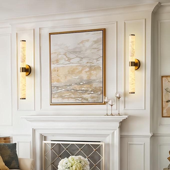 Alabaster Wall Sconce, 24" Natural Spanish Marble Wall Sconce, Modern Gold Alabaster Sconces Wall Lighting, Brass Bathroom Vanity Sconces Wall Lights for Living Room, Bedroom, Hallway, Stairs