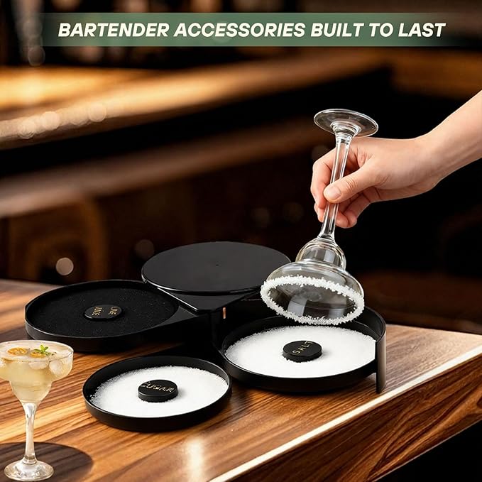 2 Pack Glass Rimming Station with 4-Swing Out Trays,Bar Glass Rimmer for Margarita and Cocktail, Bartender Tool,Salt Box Spice Container