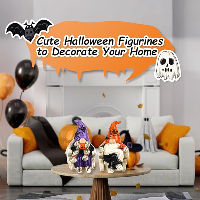 Halloween Gnomes Decorations 2 PCS Resin Skull Decor Skeleton Tabletop Figurines Indoor Holiday Collectible Statue for Women Men Kids