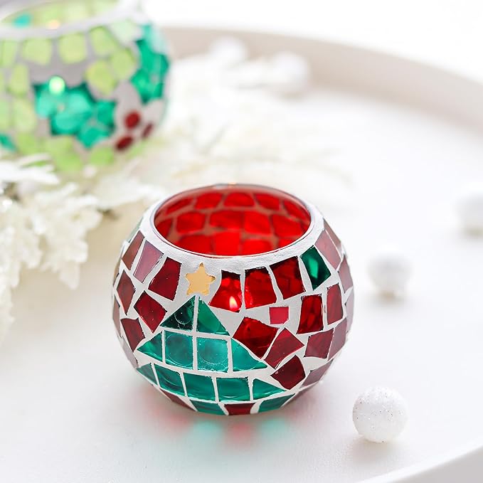 4 PCS Mosaic Glass Tealight Votive Candle Holders - Red & Green Christmas Table Centerpiece Decorations for Indoor/Outdoor Holiday Decor
