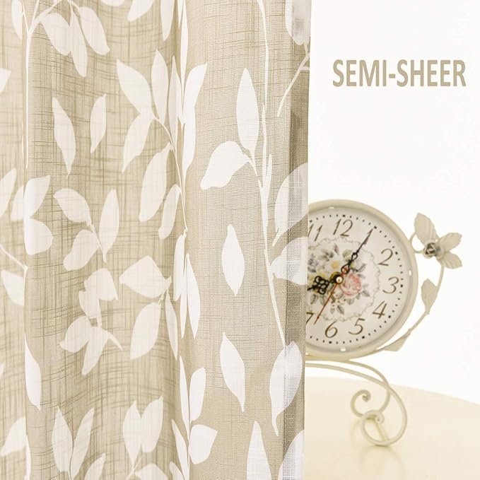 Taupe White Leaf Sheer Curtains for Living Room 84 inch Length Sliding Door Curtains Khaki Print Glass Door Window Draperies Extra Wide Light Filtering Linen Textured Sheer Curtain Panels 100” w 1pcs