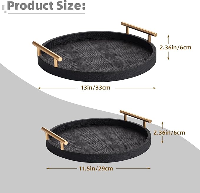 2 Piece Black Round Serving Tray with Handles, Woven-Texture Faux Leather Ottoman Tray for Living Room, Decorative Tray for Coffee Table Home Decor