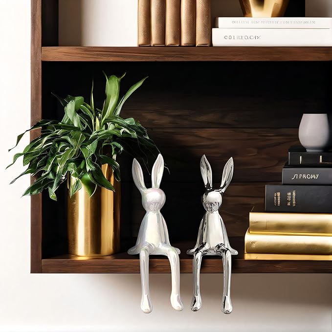 2-Piece Rabbit Decor Sculptures - Home, Office, Living Room, Bedroom - Accents, Decorations, Figurines - Small Statues for Bookshelf, Desk - Ideal Gifts (Silver, White)