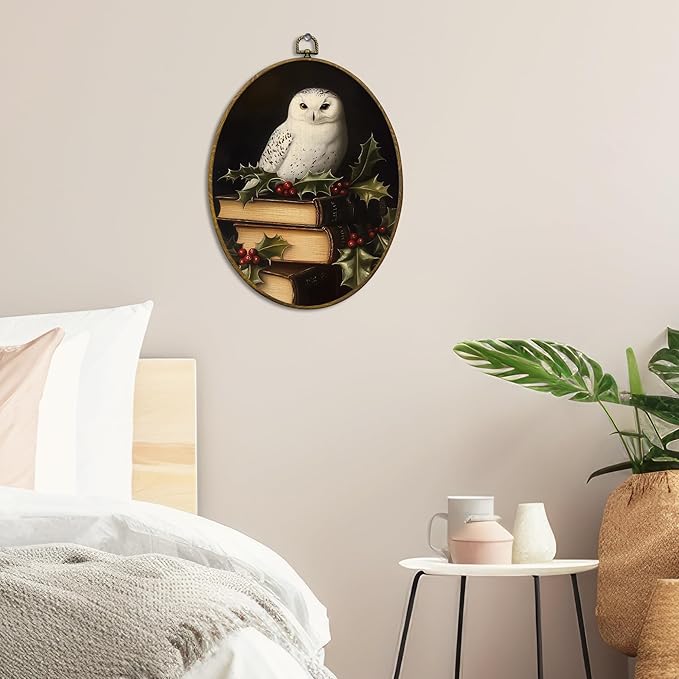 QZQE Christmas Owl Oval Wall Art Decor Framed, Bookish Dark Academia Oval Canvas Prints, Rustic Winter Decor, Gothic Xmas Festive Owl Wall Hanging Decor for Gallery Home Bedroom, 8.6x11.4 Inch