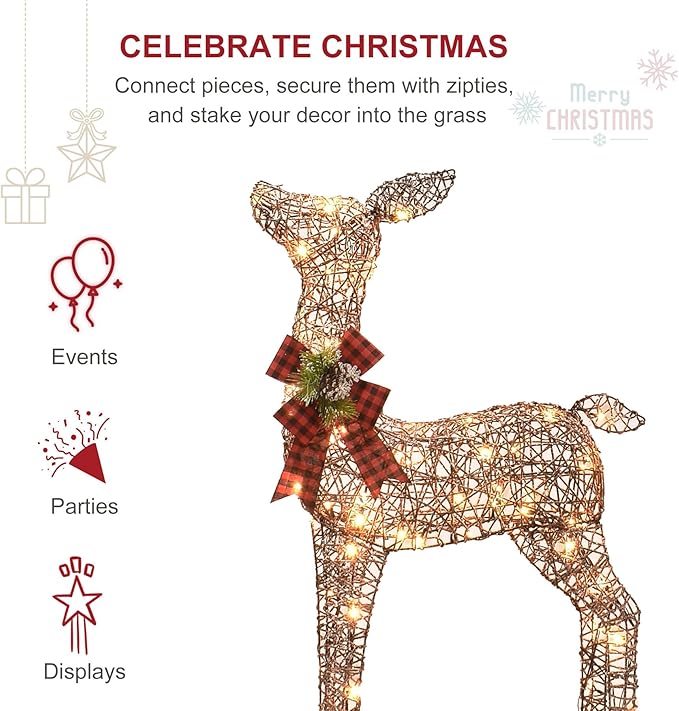 HOYECHI 6.5 FT Oversized Christmas Decorations Outdoor Lighted Reindeer β 3-Piece 3D Deer Family Set with 340 Warm White LED Lights for Yard, Lawn, Garden & Porch Holiday Display - Rattan