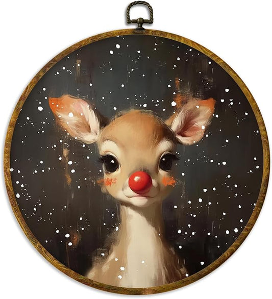 XPH Christmas Red Nose Reindeer Round Wall Art Framed, Christmas Whimsical Deer Circle Wall Decor, Xmas Rustic Winter Deer Hanging Canvas Prints for Home Bedroom Living Room Decoration, 10x10 Inch