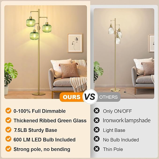 Glass Floor Lamps for Living Room, Stepless Dimmable Tree Standing Lamp with Green Lamp Shape, 69In Modern Tall Lamps for Bedroom, Rotary Switch, 3×600LM LED Bulbs Included