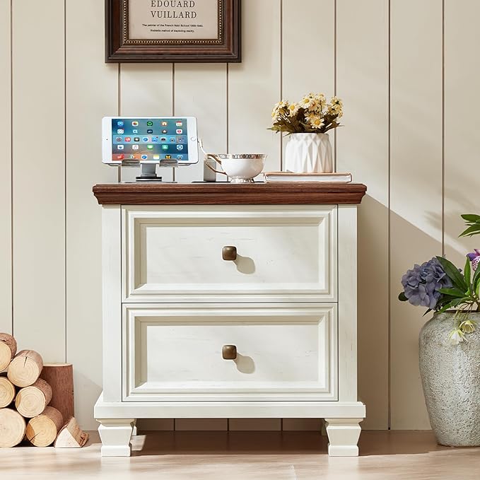 Farmhouse Nightstand with Charging Station, Rustic Low Night Stand with 2 Drawers, Mid-Century Modern End Table with 4 Square Solid Wood Legs, Small Dresser for Bedroom, Home, White