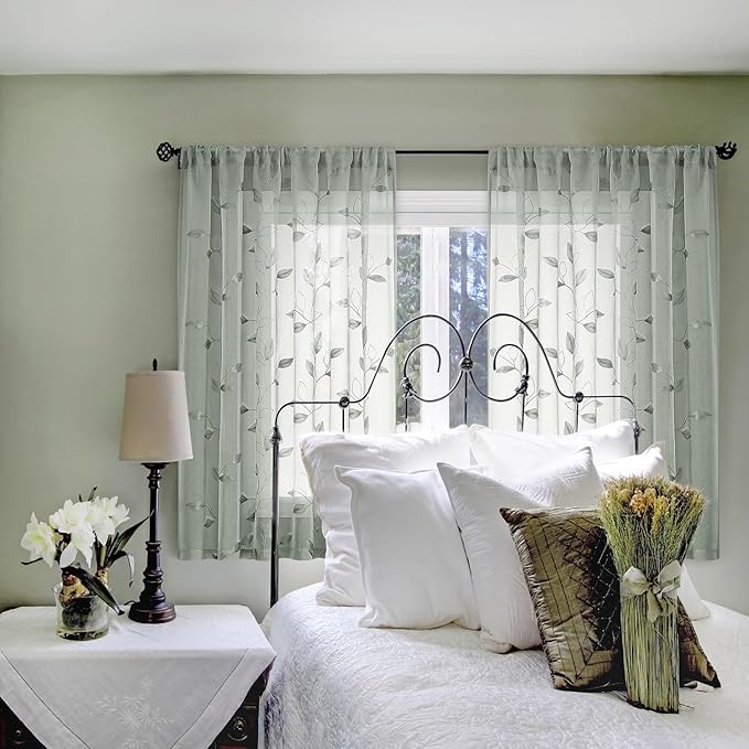 HOMEIDEAS Sage Green Sheer Curtains 52 x 54 Inch Length 2 Panels Embroidered Leaf Pattern Short Curtains for Bedroom Half Small Window Rod Pocket Kitchen
