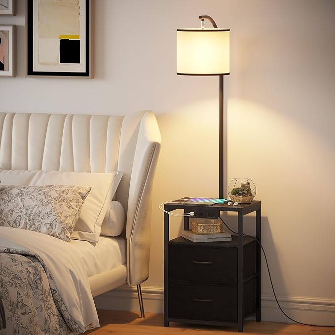 SUNMORY Floor Lamp with Table & 2 Drawers, Lamp with USB Port and Outlet, Lamps for Nightstand with 3 Color Temperature Led Bulb Included, Floor Lamps for Living Room, Bedroom and Home Office, Black