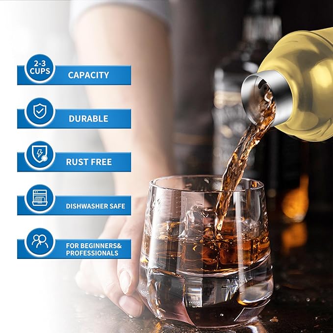 24oz Cocktail Shaker Bar Set, Martini Shaker with Built-in Strainer, Measuring Jigger, Mixing Spoon, Professional Stainless Steel Large Bartender Drink Shaker Margarita Alcohol Mixer-Gold