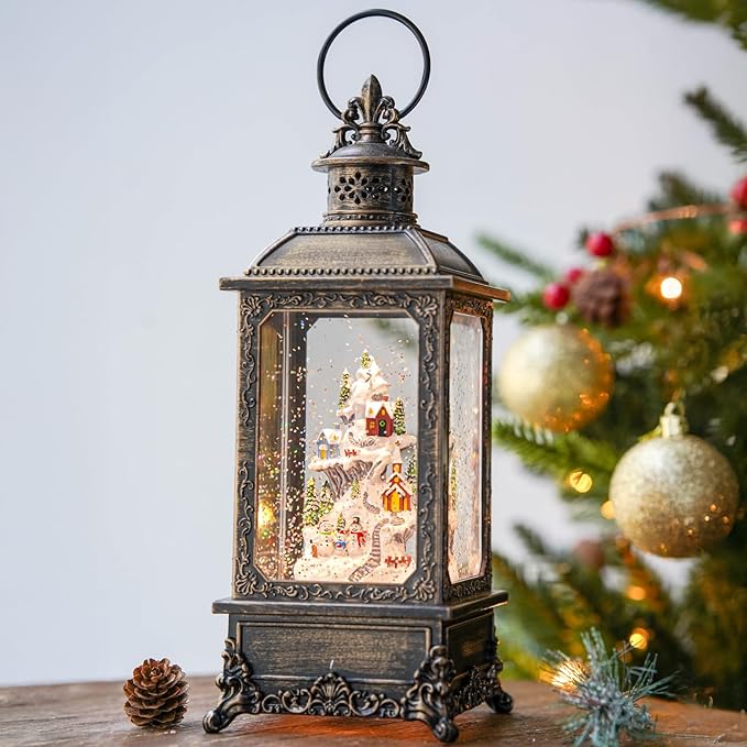 Christmas Village Snow Globe Lantern Musical Lighted Snowy Mountain Village Water Lantern with Swirling Glitter Decoration for Christmas Home, Living Room, Battery Operated or USB Powered