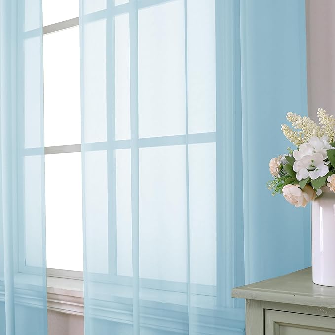 Aiyufeng 2 Pack: Basic Sky Blue Sheer Curtain Drapes 54 Inch Length 2 Panels for Living Room, Light Filtering Voile Drapes for Bedroom, Patio, Sliding Door, Each 42" W x 54" L