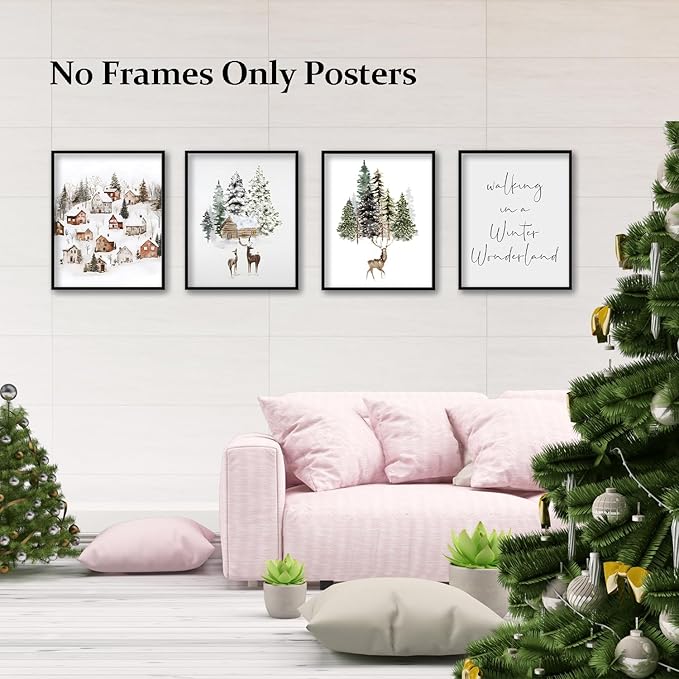 TFKFJLF Winter Scene Wall Art Poster Decor, Winter Wonderland Deer Pictures Decor Wall Art, Rustic Christmas Decorations for Bedroom Bathroom Living Room Office, Unframed 8x10in Set of 4