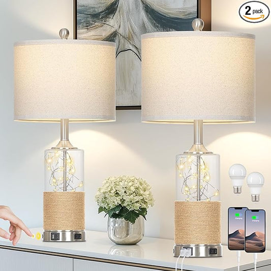 25" Boho Table Lamps Set of 2, Coastal Glass Bedside Lamps with USB A+C Ports and AC Outlet, Rattan Lamp with Night Light for Nightstand Living Room Bedroom, 2 LED Bulbs Included, Silver