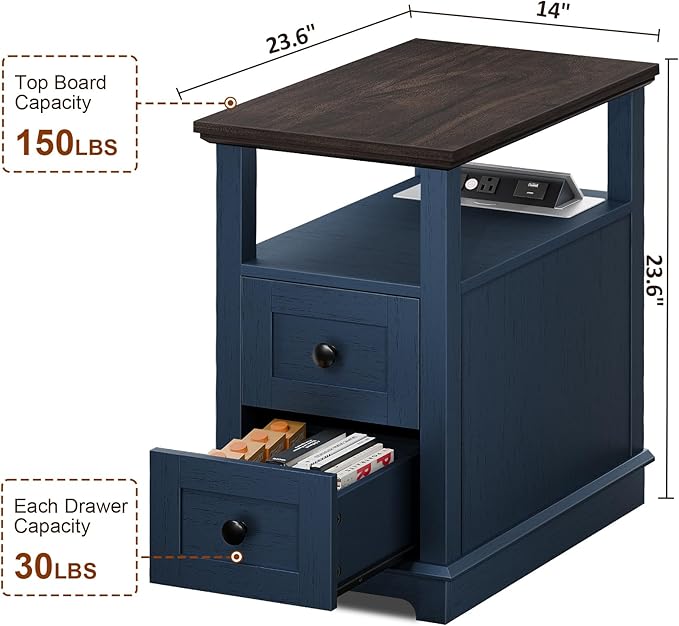 HIFYOBRO 2 Drawers End Table with Flip Top Charging Station Set of 2, Narrow Side Table, Type-C & USB Port & Power outlets, Wooden Storage End Table for Living Room, Bedroom
