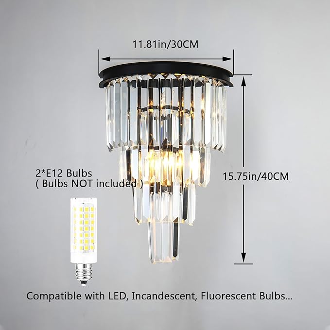 Black Crystal Wall Sconce, Modern 4-Tiers K9 Clear Crystal Wall Light Bedside Wall Mount Lamp for Living Room Bedroom Mirror Dining Room Hallway Foyer Lighting Fixture