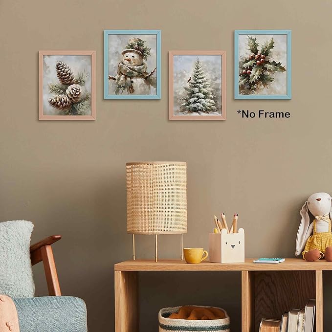TLESKE Vintage Winter Christmas Posters Prints Unframed Set of 4, Pine Cones Snowman Cardinal Wall Art Prints Decor for Living Room Bedroom, Rustic Pine Tree Holly Berries Wall Pictures, 8x10 Inches
