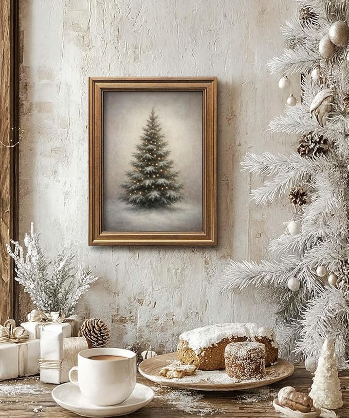Gold Framed Vintage Christmas Tree Canvas Wall Art Farmhouse Rustic Pine Tree Winter Print Botanical Holiday Decor for Living Room Bedroom Entryway (Vintage Christmas Tree, 20L" x 16W")