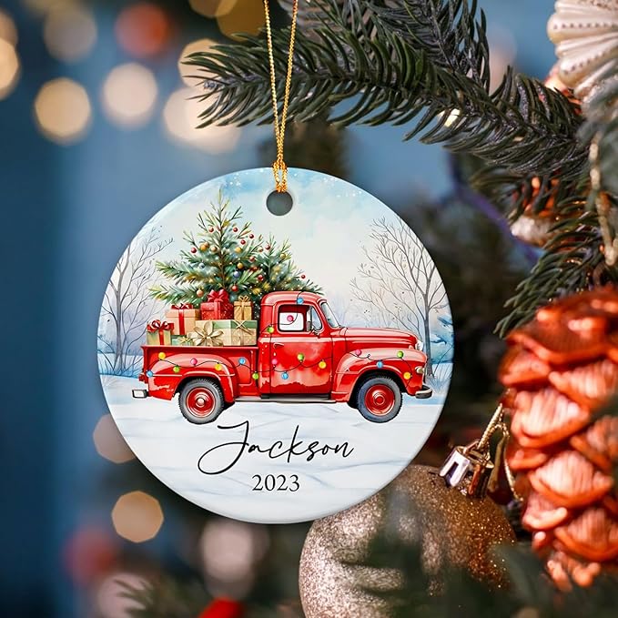 Merry Christmas Ceramic Ornament, Personalized Santa Truck Ornaments, Gift for Truckers, Custom Name Trucker Ornament for Dad Son, Red Truck Christmas Tree Decorations, Trucks Lovers Xmas Gifts