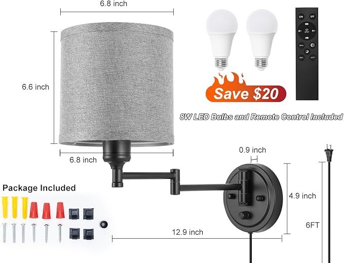 Plug in Wall Sconces with Remote Control, Dimming 10%-100% & Adjustable Colors 2700K-6500K, Hardwire or Plug-in, Swing Arm Wall Lamp with Gray Fabric Shade, Wall Sconces Set of Two, Black Finish