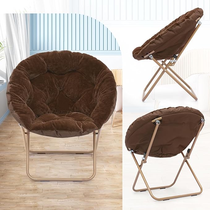 Athena Collection Comfy Saucer Chair Folding Cozy Chair for Bed Room Living Room Accent Chair Faux Fur Reading Chair Foldable Metal Frame Lazy Chair Moon Chair for Adult, Brown