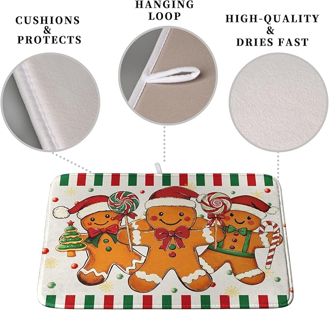 Christmas Dish Drying Mat Gingerbread Man Candy Cane Xmas Tree Drying Mats for Kitchen Counter Winter Holiday Dish Drainer Pad Absorbent Microfiber Dish Draining Mat 16x18 Inch
