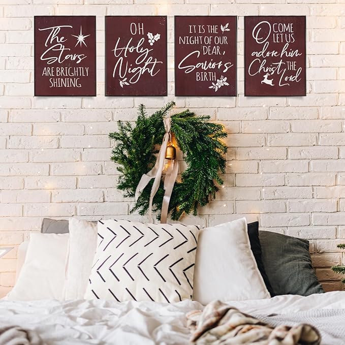 Wheatwin Vintage Christmas Wall Art Prints Set of 4, O Holy Night Sign, Christian Wall Art, Rustic Christmas Red Xmas Religious Decor for Farmhouse Living Room Bedroom, 8x10 (Unframed)