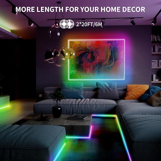 40ft COB RGB+IC LED Strip Lights, Bright Dream Color COB LED Light Strip with RF Remote App Control Music Sync Color Changing for Game Room Bedroom Kitchen Lighting Home Decor(2 Rolls)