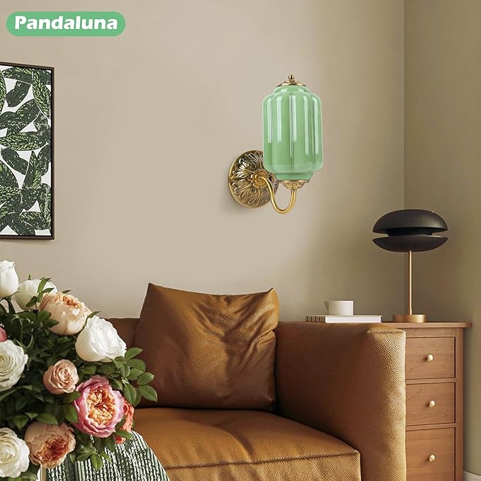 Vintage Wall Sconce, Green Milk Glass Light Fixture, 5.5In Art Deco Antique Wall Sconce for Bedroom Bathroom Living Room Hallway Entryway, E12 LED Bulb Included