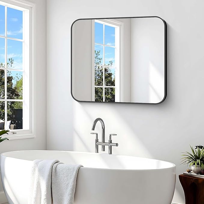 Bathroom Mirror, 36 x 30 inch Metal Framed Black Rectangle Mirror, Rounded Corner Rectangular Vanity Mirror, Wall Mounted Mirror for Modern Bedroom Living Room Hangs Horizontal or Vertical