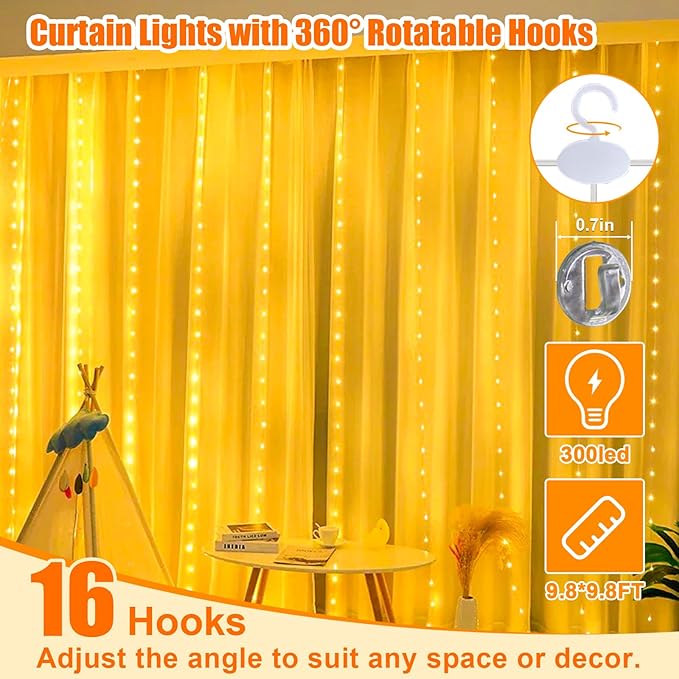 Curtain Light with Upgrade Untangled Wires for Bedroom, 300LED 9.8ft x 9.8ft Window Fairy Curtain String Light with 16 Hooks, 8 Modes Remote for Wedding Party Home Indoor Decor, Warm White