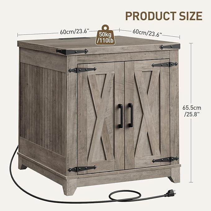 Farmhouse Side Table, Large End Table with Charging Station, Sofa Side Table with Adjustable Shelf and Barn Door, Wooden Nightstand for Living Room, Bedroom, Office, Greige