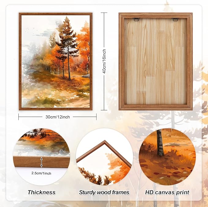 LHIUEM Rustic Autumn Landscape Canvas Wall Art set of 3(12”X16”)Maple Leaf Road Forest Framed Wall Decor,Retro Orange Fall Nature Scenery Vintage Thanksgiving Art Print for Office Living Room Bedroom
