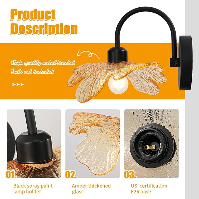 Black Wall Sconce 1-Light Black Bathroom Vanity Light Over Mirror, Modern Wall Light Fixture with Amber Glass Shade Flower Art Deco Wall Sconce Bedroom Wall sconces for Bedroom Hallway Living Room