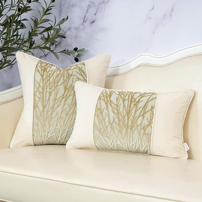 Yangest Beige Twigs Throw Pillow Cover Velvet Branches Velvet Cushion Case Neutral Pillowcase for Sofa Couch Bedroom Living Room Home Decor,20x20 Inch