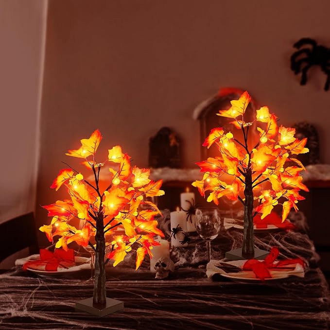 Timer - Fall Thanksgiving Tree, 18 Inch Prelit Lighted Maple Tree Thanksgiving Decorations with 24 Pumpkin Lights Battery Operated for Autumn Harvest Decor Indoor Home Table Halloween Christmas