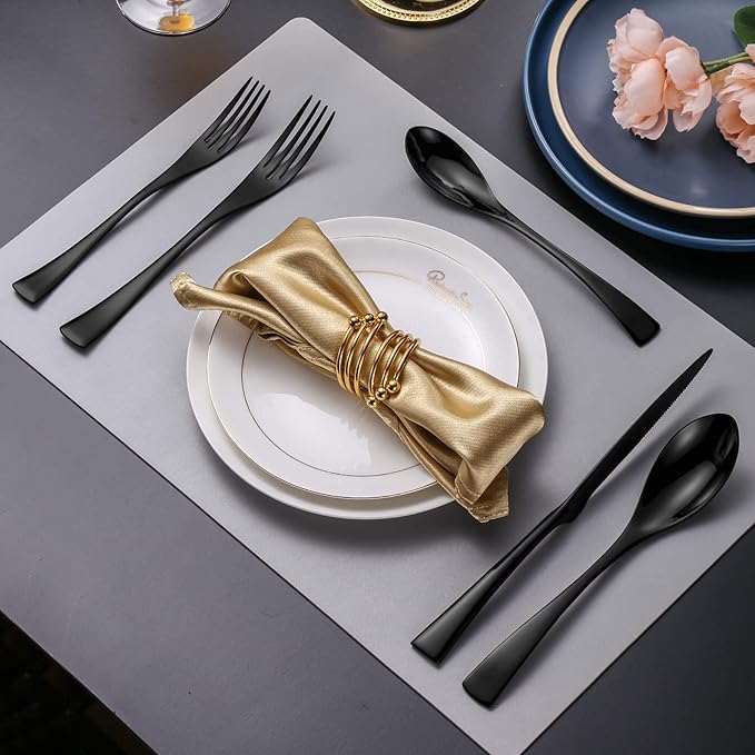 Lemeya 20-Piece Black Silverware Set for 4,Heavy Duty 18/10 Stainless Steel Flatware Set with Forged Stand Knife,Modern Cutlery Utensil Set,Forks Spoons and Knives Set,Mirror Polished,Dishwasher Safe