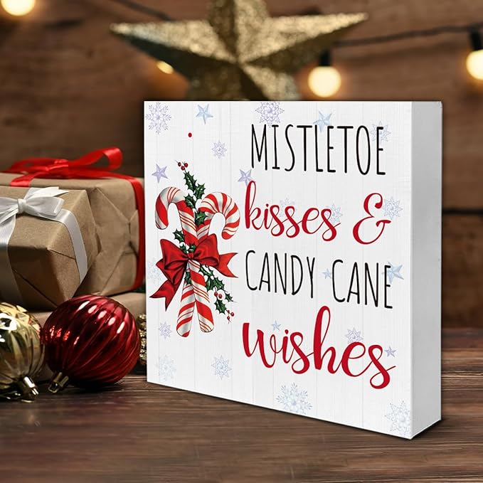 Rustic Christmas Decorations, Candy Cane Wooden Sign Home Decor, Mistletoe Wooden Block Sign, Christmas Decor for Table Shelf 5 x 5 Inch