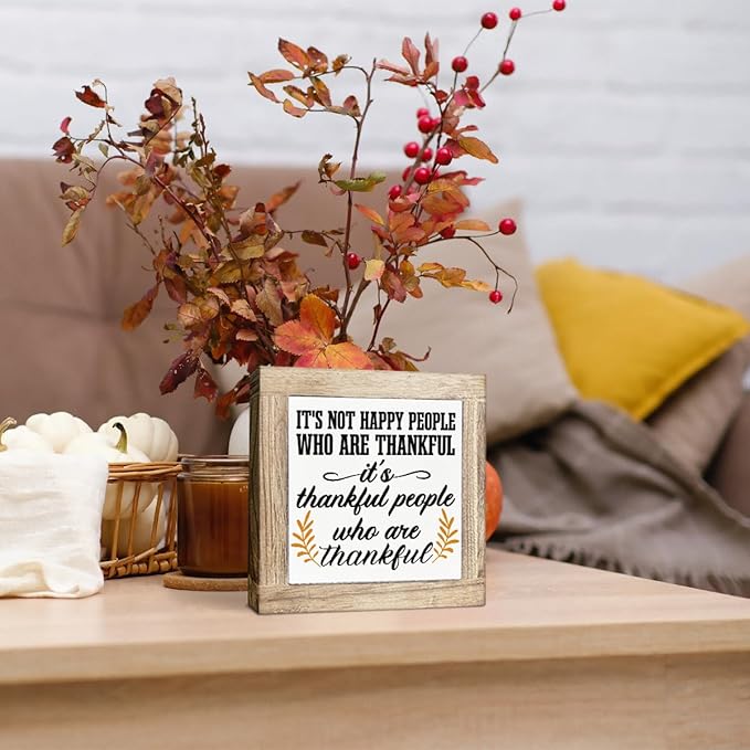 Thanksgiving Wooden Box Signs, It's Thankful People Who Are Thankful Sign, Fall Decor for Home Office, Wooden Decorative Fall Sign, Thanksgiving Gift for Friends Family, 5.9X5.9X0.7inches