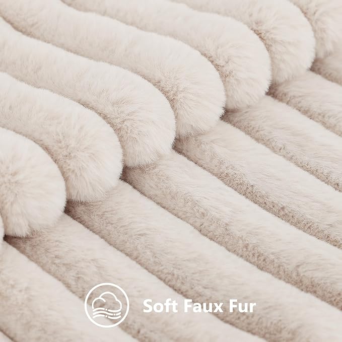 decorUhome Faux Fur Throw Pillow Covers 24x24 Set of 2, Decorative Soft Plush Striped Neutral Couch Euro Pillow Covers with Velvet Back for Sofa, Bed, Living Room Home Decor, Beige